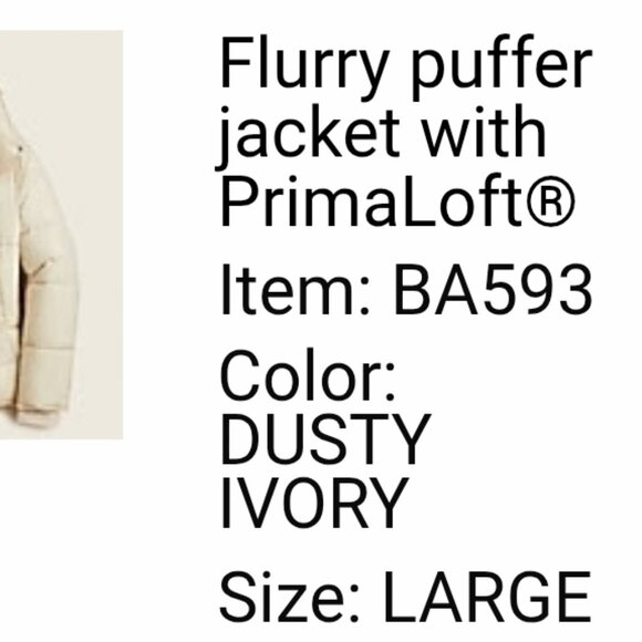 J Crew Flurry Puffer Jacket with PrimaLoft, Size Large, Color Ivory, Womens - Picture 3 of 5
